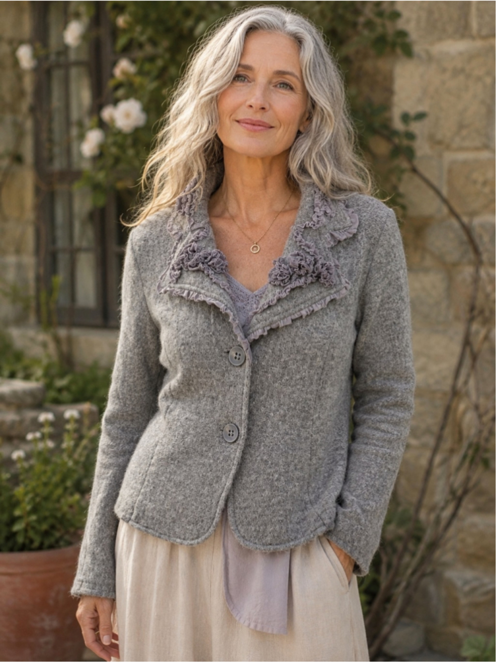 Lisa International Jacket Women’s PXL Boiled Wool Floral Cottagecore Fairy Gray